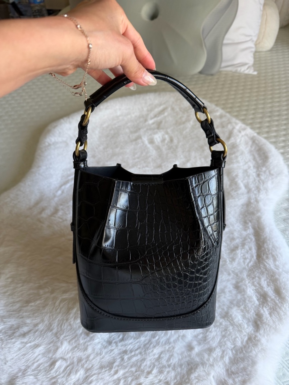 Black Croc-Embossed Leather Bucket Bag